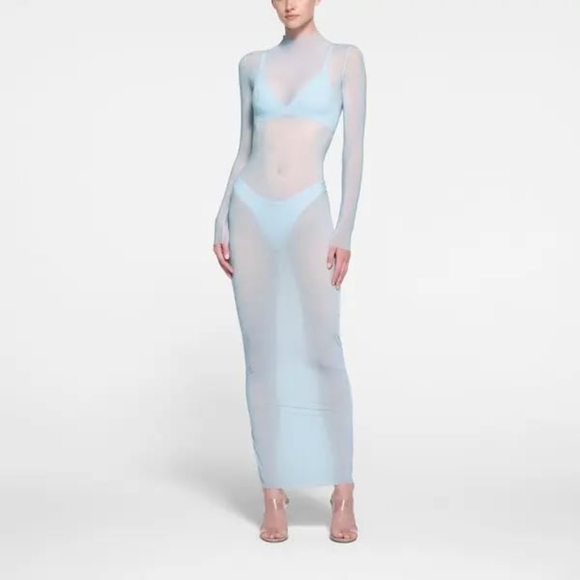 U1. NWT SKIMS MILKY SHEER MOCK NECK LONG SLEEVE DRESS IN OPAL - Picture 1 of 11